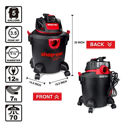 Shop-Vac 5 Gallon 3.5 Peak HP Wet/Dry Vacuum, Portable Heavy-Duty Shop Vacuum 3 in 1 Function with Attachments for House, Garage & Workshop,