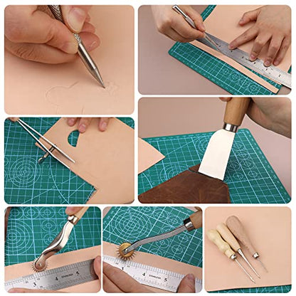 Leather Working Tools Leather Craft Kits Leather Sewing Tools with Storage Bag Cutting Mat Stamping Tool Prong Punch Waxed Thread Stitching Groover - WoodArtSupply