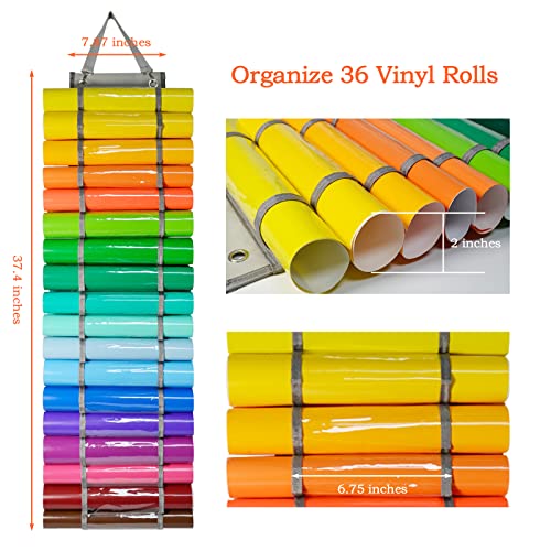 Tunnkit Vinyl Roll Holder - 36 Compartments Vinyl Storage Organizer with 7 Mesh Pockets Storage, Wall Mount/Over The Door Vinyl Roll Storage, with 2 Tunnkit