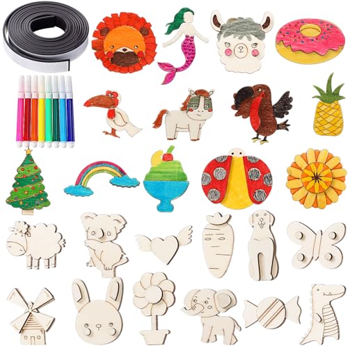 Barydat 100 Pcs Wooden Magnets DIY Wooden Arts and Crafts for Kids Craft and Art Painting Kit Supplies Party Birthday Gift Party Favors for Easter