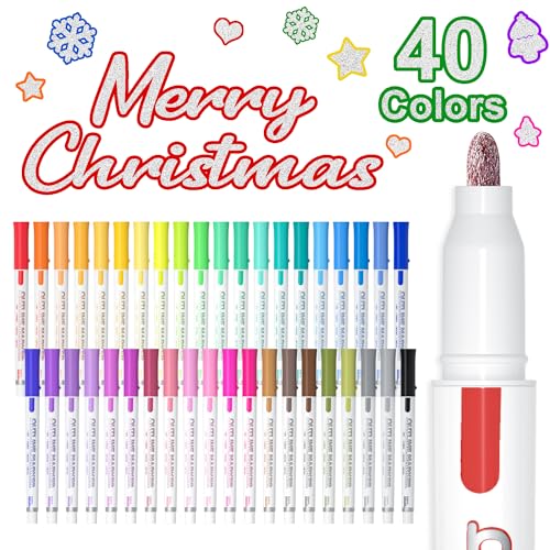 Shuttle Art Double Line Outline Markers, 40 Colors Squiggles Shimmer Markers Set, Self Outline Metallic Marker Pens for Art, Drawing, Doodling, Card Shuttle Art