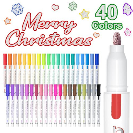 Shuttle Art Double Line Outline Markers, 40 Colors Squiggles Shimmer Markers Set, Self Outline Metallic Marker Pens for Art, Drawing, Doodling, Card Shuttle Art