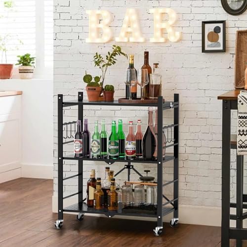 Himix Storage Shelves with 6 Hooks, 3 Tier Foldable Shelf with Wheels, Metal Storage Shelving Unit Rolling Cart, Utility Shelf Rack Organization - WoodArtSupply