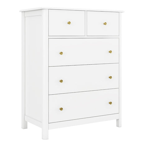 HOUSUIT White Dresser with 5 Drawers, Tall Dresser Chest of Drawers, 5 Drawer Dresser with Deep Space, Wood Dresser Storage Cabinet for Living Room, HOUSUIT