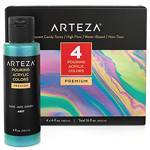 ARTEZA Iridescent Acrylic Paint, Set of 4, Candy Tones, 4 fl oz Bottles, High-Flow Pouring Paint, Art Supplies for Canvas, Glass, Wood, Ceramics, - WoodArtSupply