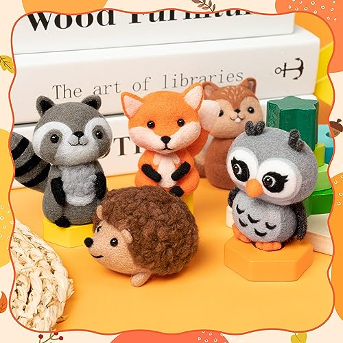 WATINC Set of 5 Woodland Wool Needle Felting Kit, Fox Owl Hedgehog Squirrel Raccoon Animal Doll Wool Felt Needle Felting Tools Foam Pad, DIY Needle