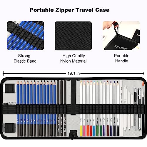 KALOUR Sketching Coloring Art Set - 38 Pieces Drawing Kit with Sketch Pencils,Watercolor Pencils,Charcoal,Brush,Eraser -Portable Zippered Travel Case - WoodArtSupply