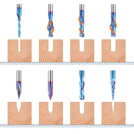 HQMaster CNC Router Bits 1/4 Inch Shank Carving Bit 8 Pcs Set for Wood Detail Profile V Groove Engraving Solid Carbide CNC Router Bit Collection HQMaster