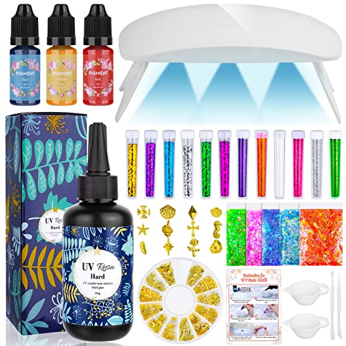 UV Resin Kit with Light, 200g Ultraviolet Fast Curing UV Epoxy Resin Set with UV Light Crystal Hard Type Resin Glue Jewelry Making Supplies Starter
