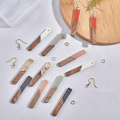 OLYCRAFT 12pcs 6 Color Rectangle Wood Resin Earring Making Kits Rectangle Wood Resin Earring Pendants Rectangle Resin Wood Charms with 60pcs Earring - WoodArtSupply