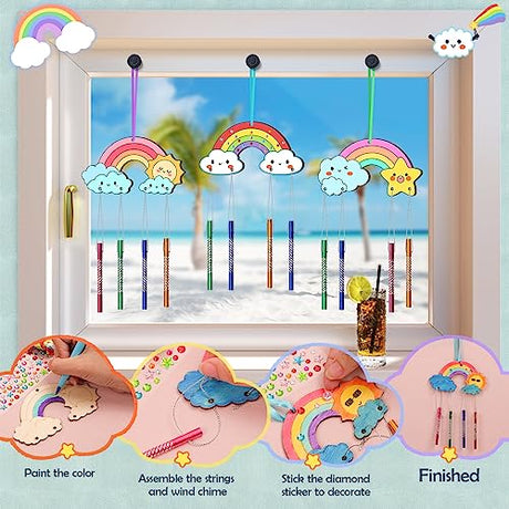 TREACLUB 12 Pack DIY Wind Chime Kits for Kids, Make Your Own Rainow Wind Chime DIY Coloring Star Moon Sun Make A Wind Chime Kits Wooden Arts and TREACLUB