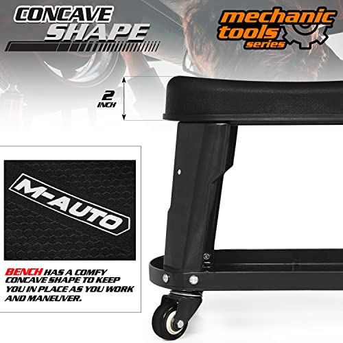 M-AUTO Heavy Duty Garage Rolling Work Seat 300LBS Capacity Mechanics Stool with Wheels, Rolling Work Seat with Equipment Tray and Tool Rack, M-AUTO