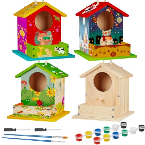 Liliful 4 Pack Birdhouse Kit DIY Wooden Bird House with Paint and Paintbrushes Arts and Crafts Painting Kits for Boys Girls Adults Build Paint Fun