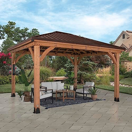 Backyard Discovery Barrington 14 ft. x 10 ft. Hip Roof Cedar Wooden Gazebo Pavilion, Shade, Rain, Hard Top Steel Metal Roof, All Weather Protected, Backyard Discovery
