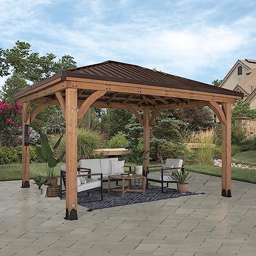 Backyard Discovery Barrington 14 ft. x 10 ft. Hip Roof Cedar Wooden Gazebo Pavilion, Shade, Rain, Hard Top Steel Metal Roof, All Weather Protected, - WoodArtSupply