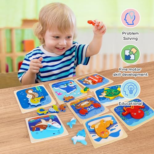 TOY Life Wooden Toddler Puzzle Gift Toys for 1 2 3 Years Old Boys Girls, 6 Pack Baby Puzzle for Kids Age 1-3, Sea Animal Shaped Montessori Toys STEM TOY Life