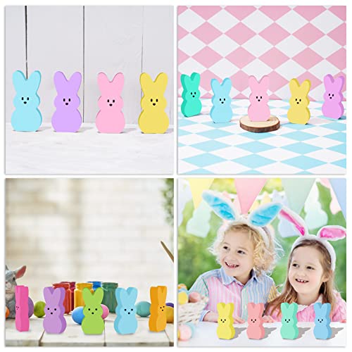 Whaline 10Pcs Easter Pine Wooden Bunny Cutouts Unfinished Pine Wood Bunny Shaped DIY Tiered Tray Decor Bunny Table Sign with Hemp Rope for Easter