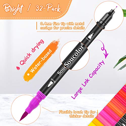 Soucolor Art Brush Markers Pens for Adult Coloring Books, 34 Colors Numbered Dual Tip (Brush and Fine Point) Marker Pen for Kids Note taking Planner