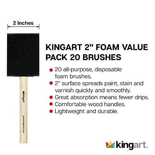 KINGART 242-20 Foam 20 Pc. Value Pack 2" Brush Set, Short Wood Handle, for Oil, Acrylic & Watercolor Paint, Great for Crafts, DIY Home Projects, - WoodArtSupply