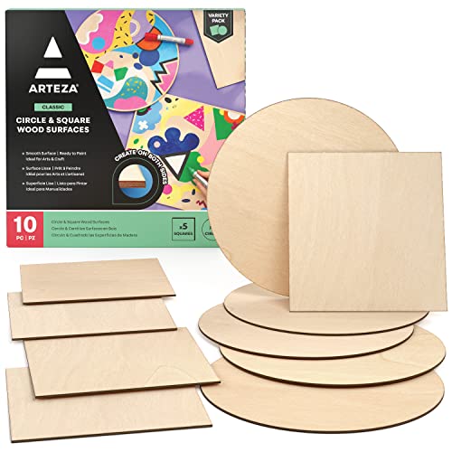 Arteza MDF Wood Slices, 10 Pieces, 5 x 11.8-Inch Circles and 5 x 9.05-Inch Squares, Smooth Unfinished Wooden Pieces, Craft Supplies for DIY Projects, ARTEZA