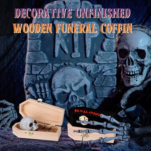 Sintuff 12 Pieces Unfinished Halloween Coffin Boxes with 10 Art Brushes 6 Inch Unfinished Wood Funeral Treasure Chest with Locking Clasp for
