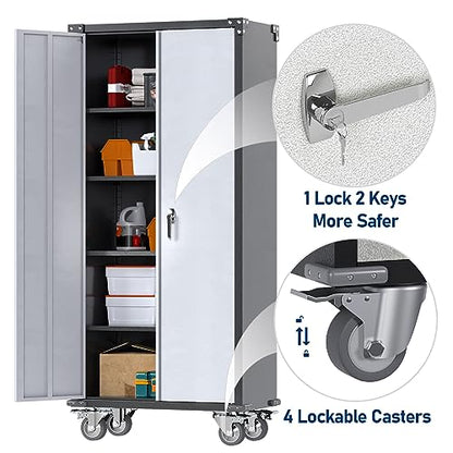 JAORD Rolling Metal Storage Cabinet with Locking Doors and 4 Adjustable Shelves, Garage Cabinets with Wheels for Garage, Office, Kitchen, Laundry &