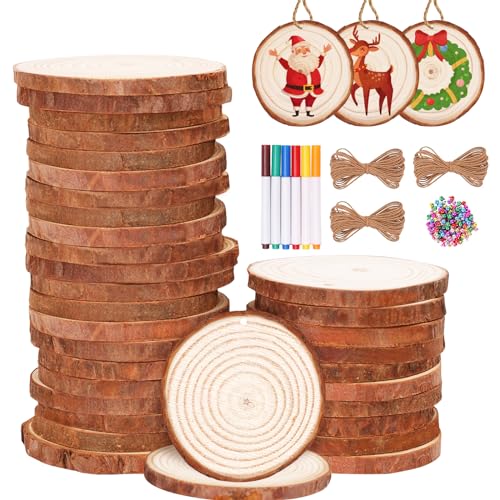 Max Fun Natural Wood Slices 30Pcs 2.4-2.8'' Craft Wood Kit Christmas Ornaments Unfinished Predrilled with Hole Wooden Circles for Arts and Crafts