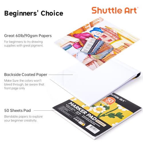 Shuttle Art Marker Pad, 8.3”x7.67” Portable Square Sketchbook, 50 Sheets Marker Drawing Paper, 60LB/90GSM Smooth Surface Bleedproof Art Paper, Shuttle Art
