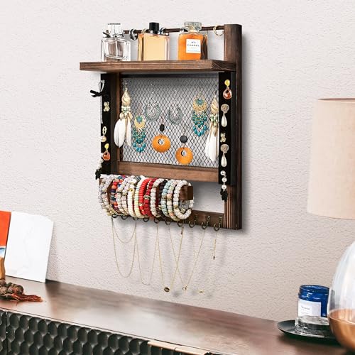 LadyRosian Hanging Jewelry Organizer Wall Mount with Rustic Wood Shelf,Pine Wood, Rustic Wooden Storage Display for Necklaces, Bracelets, Earrings,