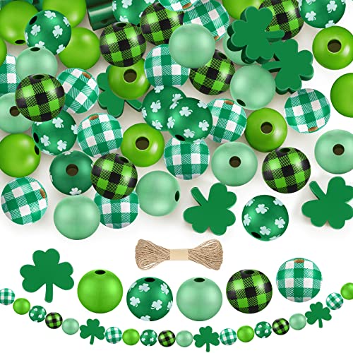 180 Pieces St Patrick's Day Wood Beads Green Shamrock Craft Bead Plaid Natural Wood Round Beads Lucky Clover Beads DIY Wood Beads for Irish St - WoodArtSupply