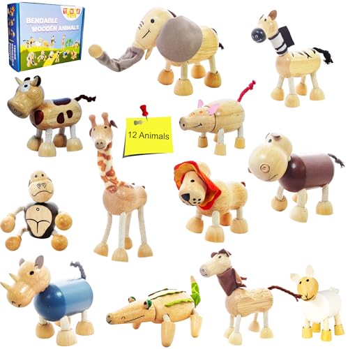 TEKOR Bendable Wooden Animal Toys, Set of 12 | Fun & Posable Farm & Jungle & Safari Animals for Toddlers | Preschool Montessori Toy, Smooth Natural TEKOR