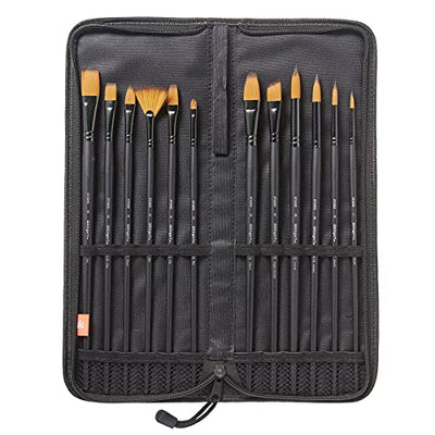 KINGART 206-12 Nylon Hair Blend Artist Brush Set, 12 Long Handle Round, Flat & Fan Paintbrushes with Zippered Carrying Case for Storage & Travel, Use