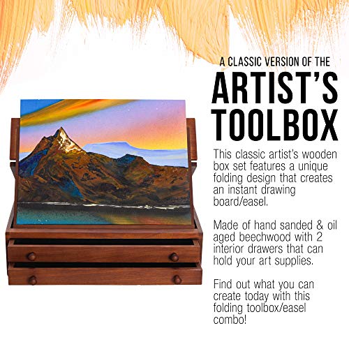 US Art Supply Walnut 2-Drawer Adjustable Wooden Storage Box with Fold Up Solid Drawing Easel US Art Supply