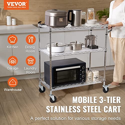 VEVOR Kitchen Utility Cart, 3 Tiers, Wire Rolling Cart with 661 LBS Capacity, Steel Service Cart on Wheels, Metal Storage Trolley with 80 mm Deep VEVOR