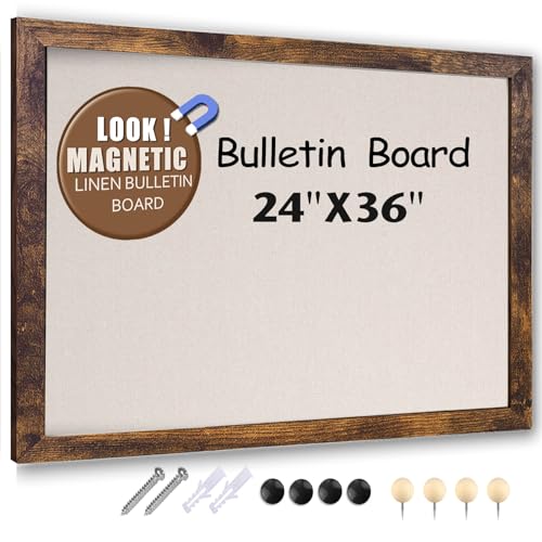 Marribol Large Magnetic Bulletin Board 36 x 24 Inch,Rustic Wood Framed Cork Board with Linen，Wall Mounted Notice Board with Pushpins for Home Office Marribol