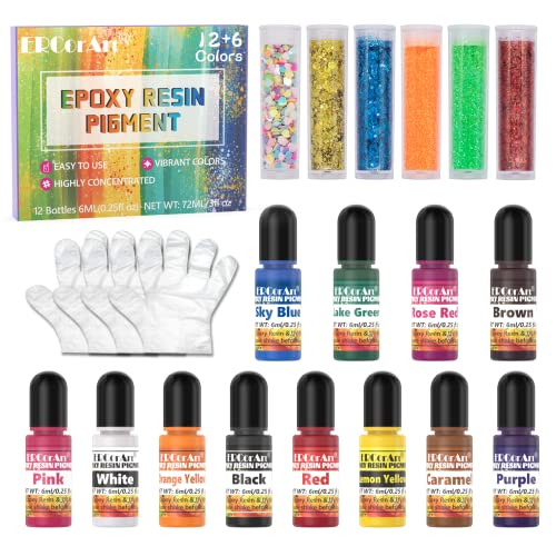 Epoxy Resin Pigment - 12 Colors Transparent UV Resin Dye, Epoxy Resin Color with 6 Glitter, Highly Concentrated Epoxy Resin Colorant for Resin