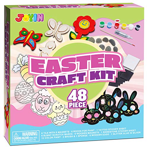 JOYIN 48 PCS Easter Craft Kit Easter Assorted DIY Painting Kit Includes Rocks, Scratch Art Masks, Wooden Eggs and Magnets for Kids Creativity Easter - WoodArtSupply