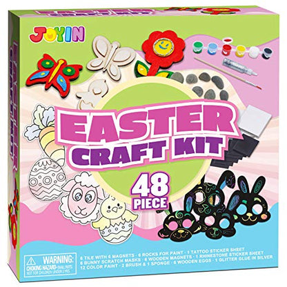 JOYIN 48 PCS Easter Craft Kit Easter Assorted DIY Painting Kit Includes Rocks, Scratch Art Masks, Wooden Eggs and Magnets for Kids Creativity Easter - WoodArtSupply