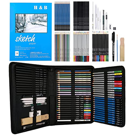 H & B 72PCS Drawing Supplies Sketching Set,Art Kit include Drawing & Colored Pencils for Adults Artists Kids.Pro Art Sketch Supplies with H & B
