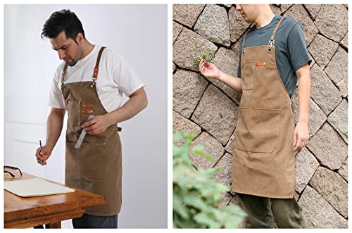 Kvimvty Canvas Cross Back Heavy Duty Work Tool Apron, Carpenter Apron, Woodworking Apron with Large Pockets Durable Waterproof Adjustable Chef Apron - WoodArtSupply