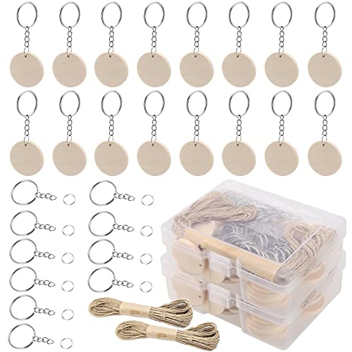 SEHOI 100 PCS 1.38 Inches Natural Wood Slices, Wooden Keychain Set, Predrilled Wood Keychain Blank Unfinished Discs with Key Rings, Twine, Round