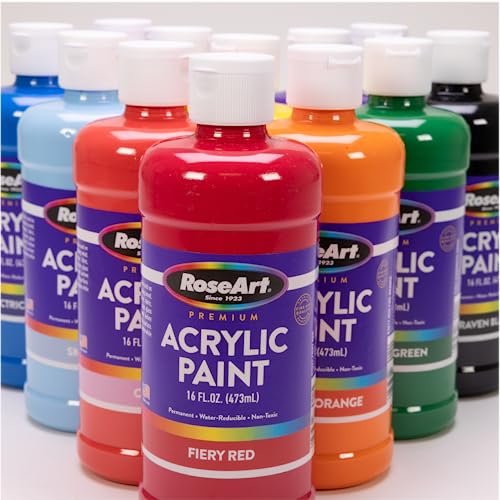 Rose Art acrylic Paint Set – Set of 12 Vibrant Colors in 16oz Bottles