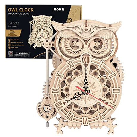 ROKR 3D Wooden Puzzle for Adults Owl Clock Model Kit Desk Clock Home Decor Unique Gift for Kids on Birthday/Christmas Day ROKR