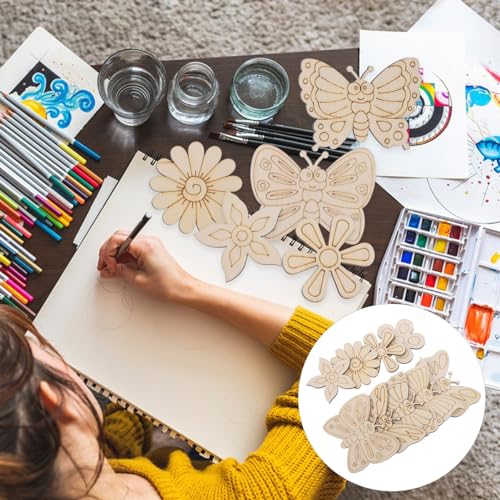 KALLORY 18pcs Unfinished Wooden Cutouts Butterfly Wood Slices Flower Unfinished Wood Cutouts Blank Wooden Paint Crafts for Kids Painting DIY Crafts KALLORY
