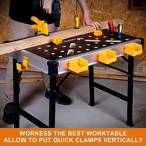 WORKESS Portable Workbench 1000Lbs Capacity Heavy Duty Folding Work Table with 2 Quick Clamps, 4 Bench Dogs, 3 Tool Boxes for Garage Easy Storage WORKESS