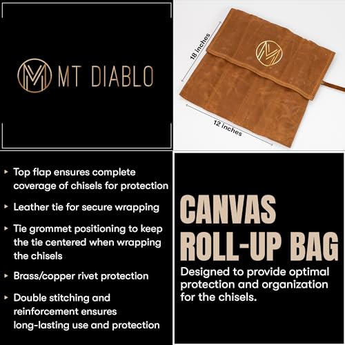 Mt Diablo Wood Chisel Set - 4pc with waxed canvas tool roll. This set of woodoworking tools comes in 4 sizes and comes with a hand tool bag. Mt Diablo