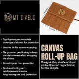 Mt Diablo Wood Chisel Set - 4pc with waxed canvas tool roll. This set of woodoworking tools comes in 4 sizes and comes with a hand tool bag. Mt Diablo