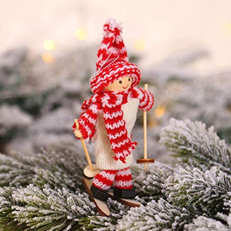 Amosfun Wood Figurine Decor 5PCS Christmas Ski Doll Ornaments Wooden Christmas Christmas Tree Hanging Decorations Pendants Holiday Shop Window Home Amosfun