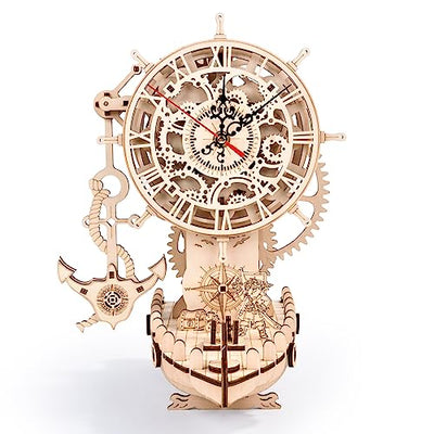 Pirate Ship Clock 3D Wooden Puzzles for Adults, Wooden Models for Adults to Build DIY 3D Puzzle Mechanical Clock Kit, Clock Making Kits Gift for