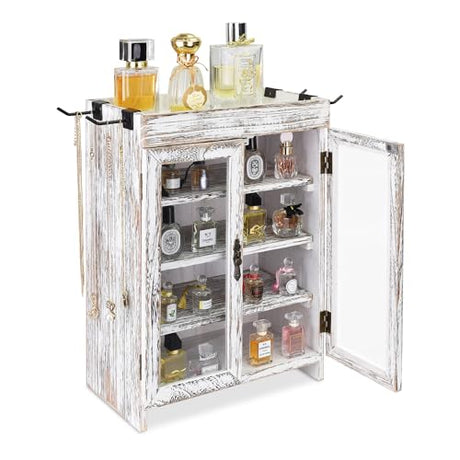 Ikee Design Small Wooden Countertop Storage Cabinet,Adjustable Shelves and Removable Hooks, 10.4 W x 6.1 D x 14.4 H in, Antique White Ikee Design